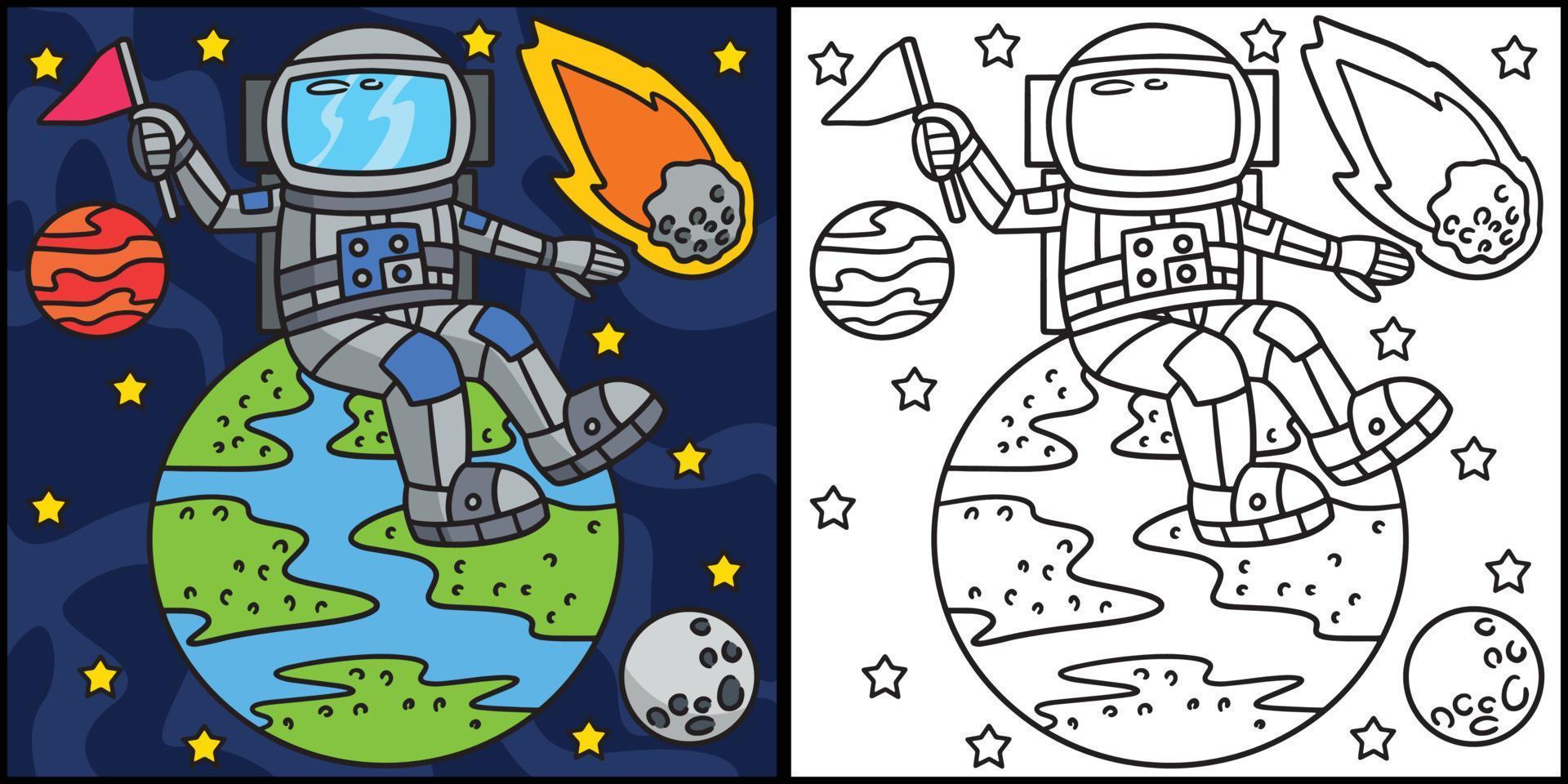 Astronaut Sitting On Earth Coloring Illustration vector