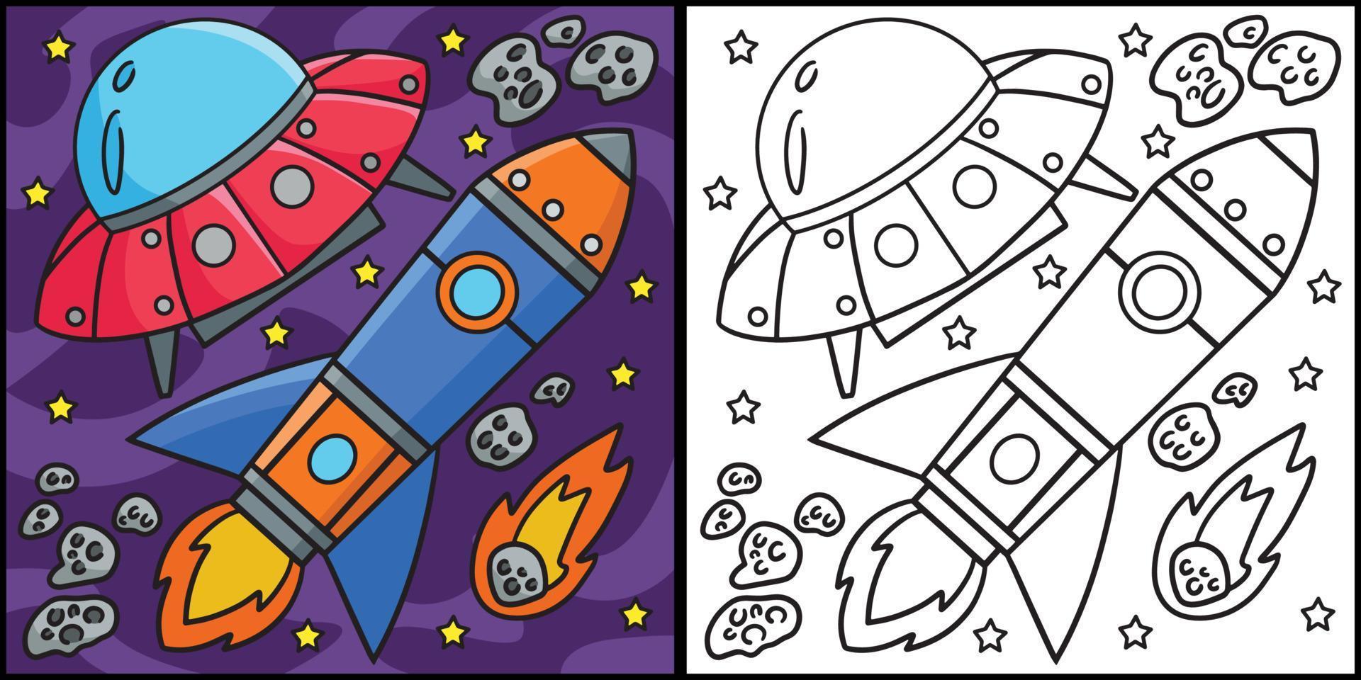 UFO and Rocket Ship In Space Coloring Illustration vector