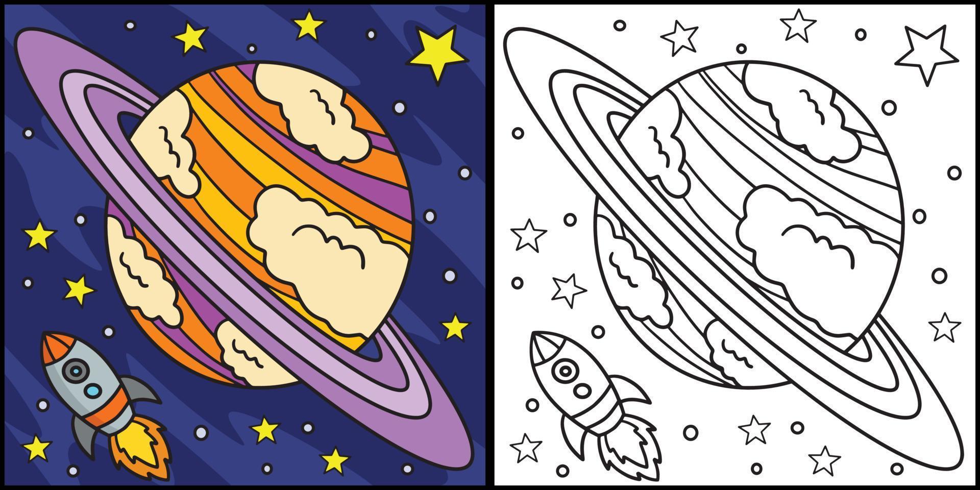 Planet Saturn Coloring Page Colored Illustration vector