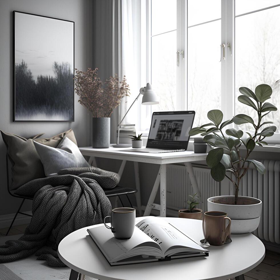 Scandinavian style living room with laptop and books on the table and dry potted aesthetic plants - image photo