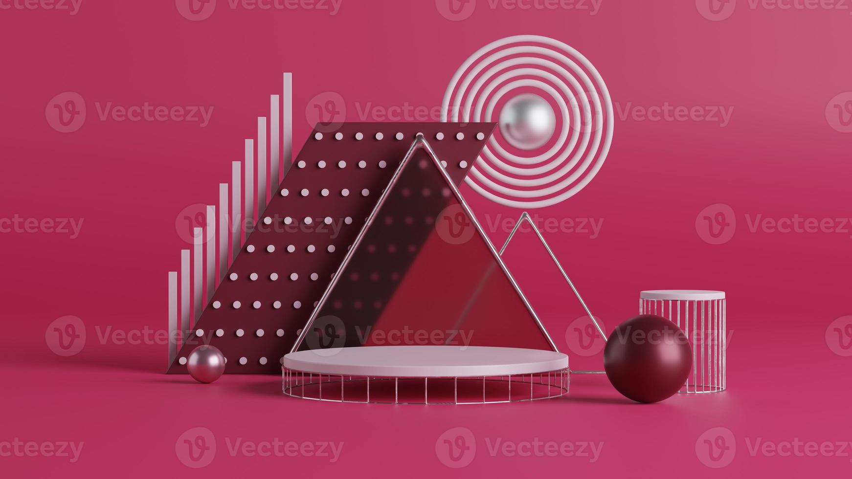 pedestal podium with abstract geometric shapes in magenta color. 3d render photo