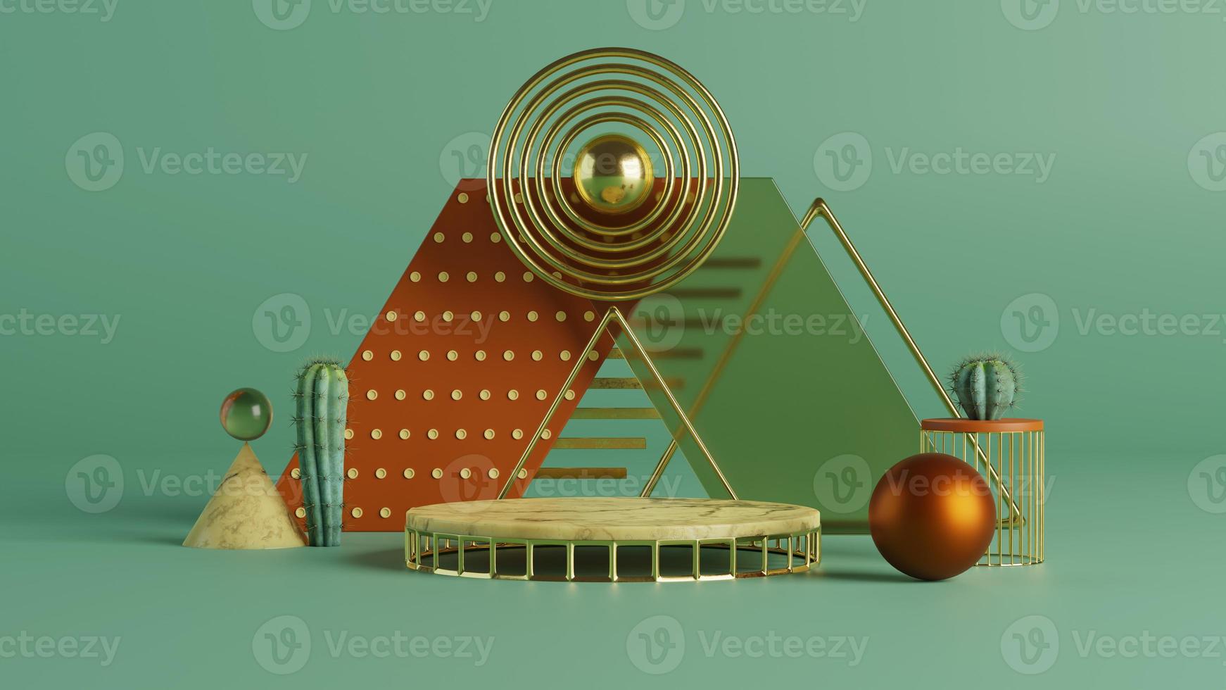 pedestal podium with abstract geometric shapes and cactus 3d render photo