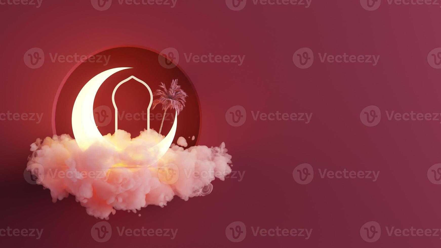 islamic illustration of a moon and gate with palm tree over the cloud. 3d rendering photo