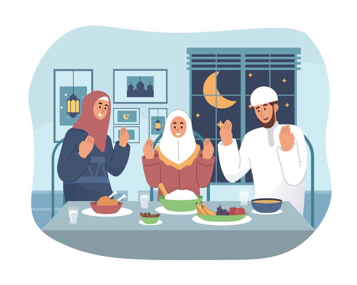 musulmán familia Orando antes de teniendo iftar. Ramadán kareem plano dibujos animados personaje ilustración vector