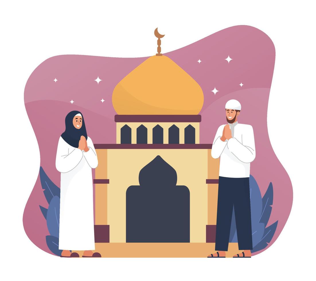 musulmán personas saludo y celebrando Ramadán vector
