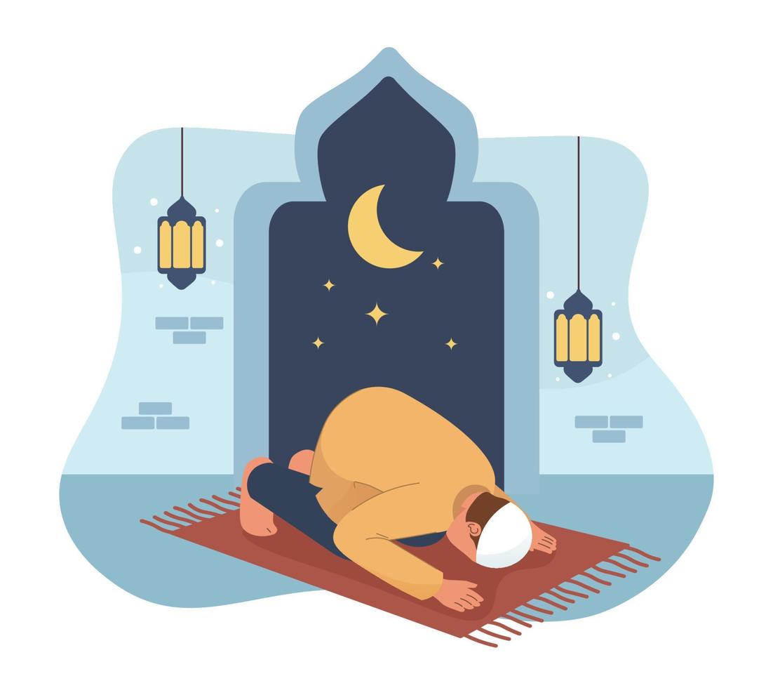 Muslim man praying in mosque. Ramadan kareem flat cartoon character illustration vector