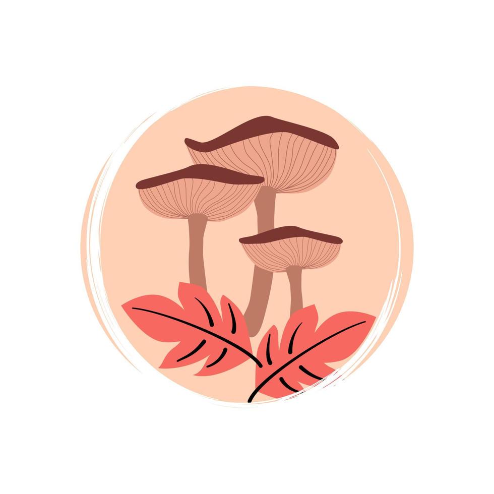 Cute logo or icon vector with mushrooms and red leaves, illustration on circle for social media story and highlights