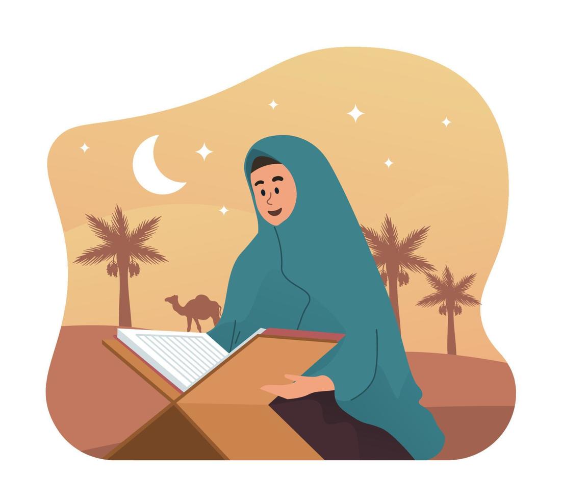 Muslim woman reading holy quran. Ramadan kareem flat cartoon illustration vector
