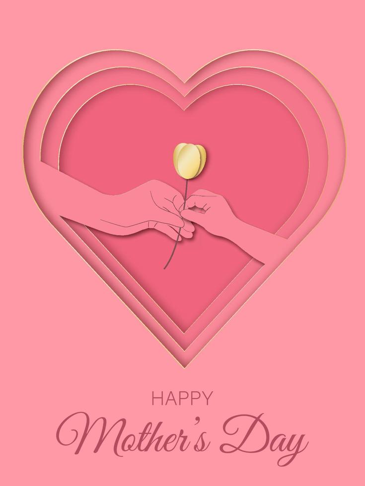 Paper cut greeting card for Happy Mother's Day. Children's hand gives flower to mom. heart shape frame. vector