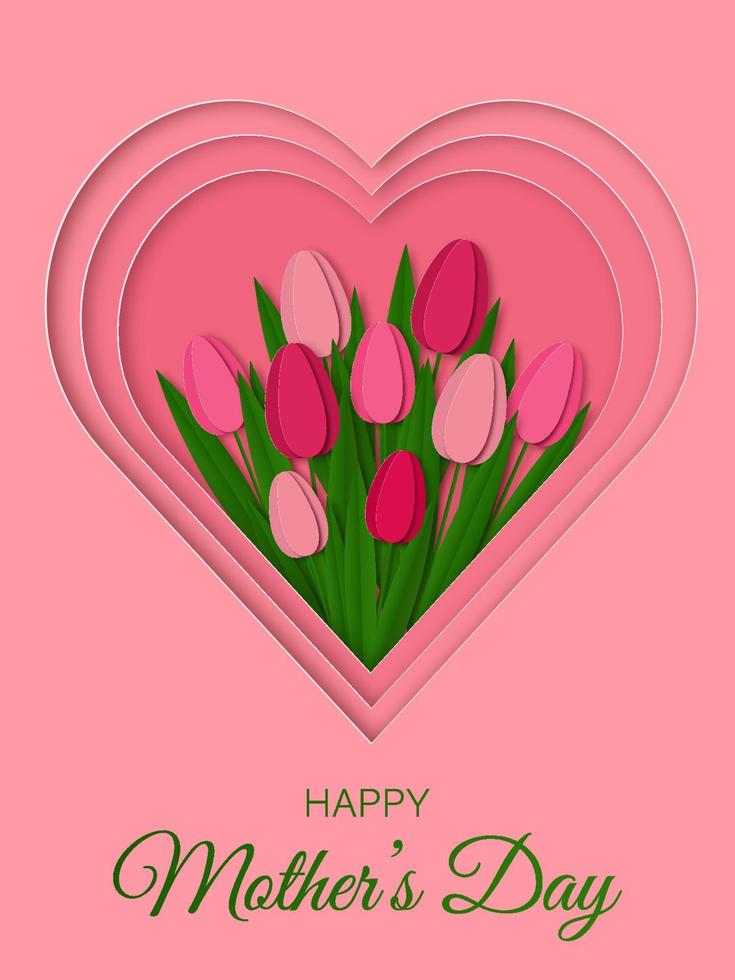 Happy Mother's Day greeting card. Beautiful tulips on pink heart shape background. vector