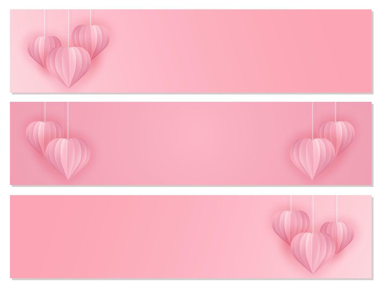 Paper art and craft style banner set with hearts. vector
