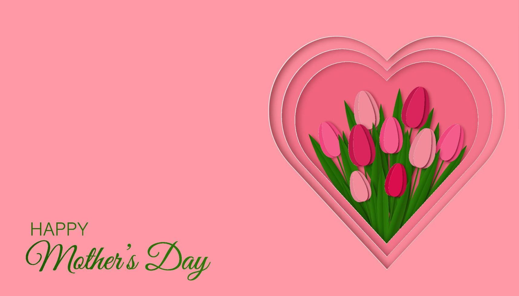 Happy Mother's Day horizontal banner. Beautiful tulips on pink heart shape background. vector