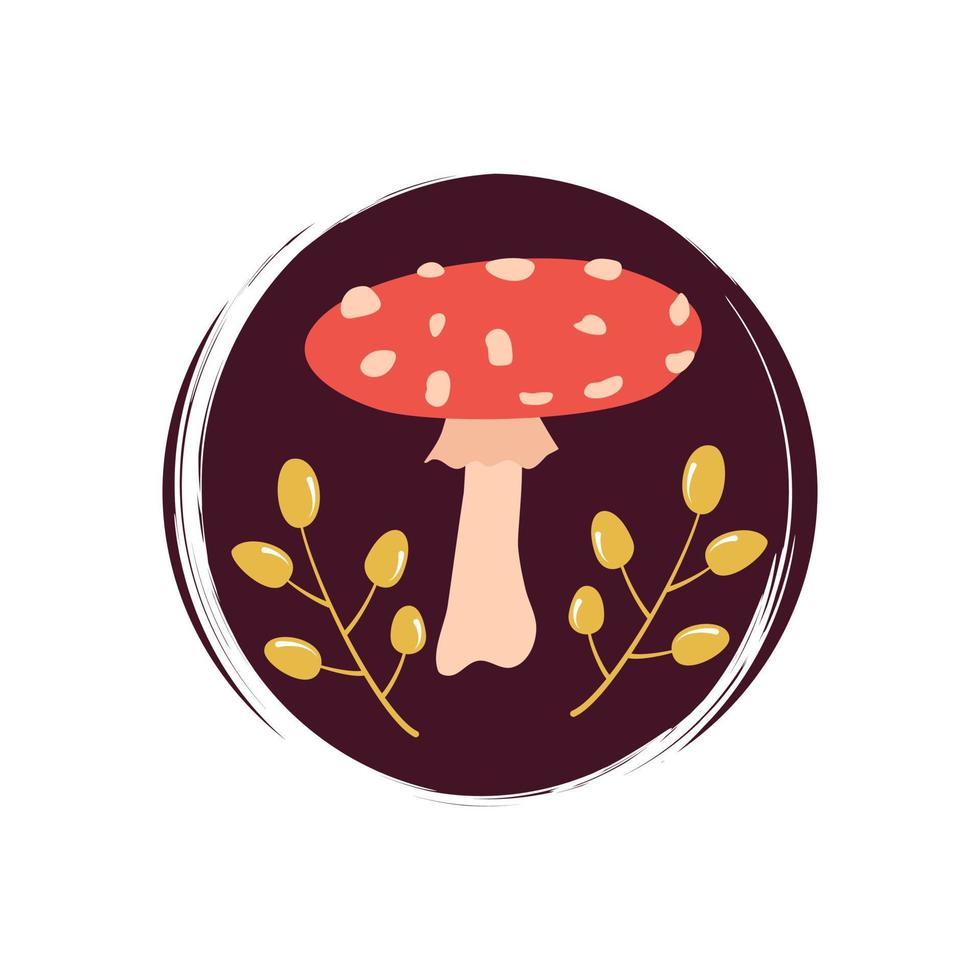 Cute logo or icon vector with red mushroom with white spots and green leaves, illustration on circle for social media story and highlights