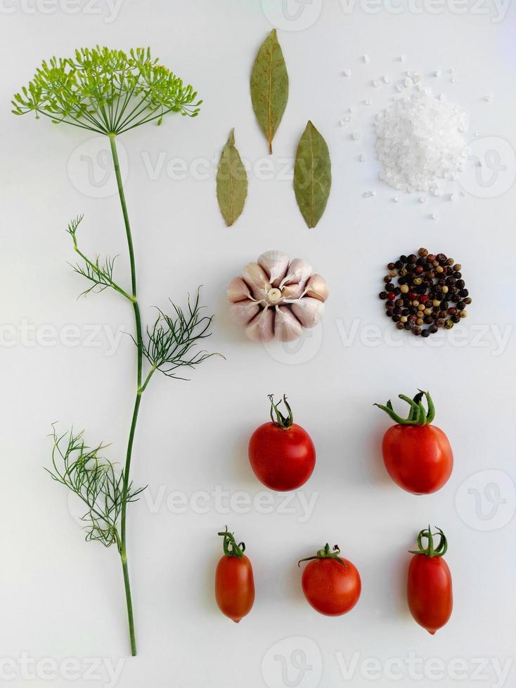 Ingredients for pickling red and yellow tomatoes. Concept culinary recipe preservation of vegetables in harvest season. Assorted tomatoes, garlic, dill, salt, pepper and bay leaf. Knolling concept. photo