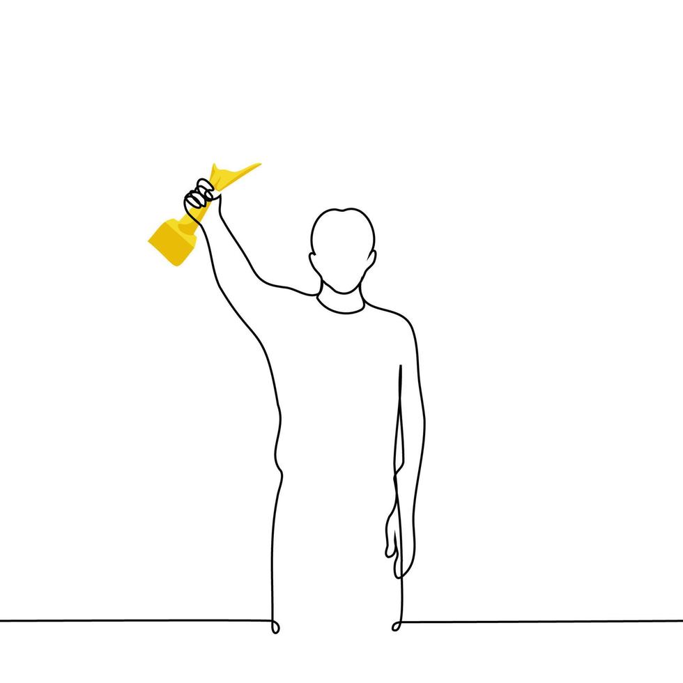 man stands holding up a golden award figurine in his hand - one line drawing vector. winner concept vector