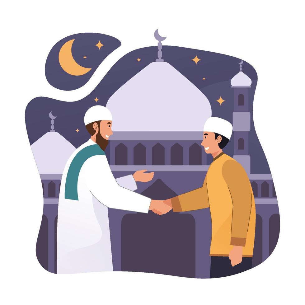 Muslim people standing in front of mosque while shaking hands and greeting each other vector