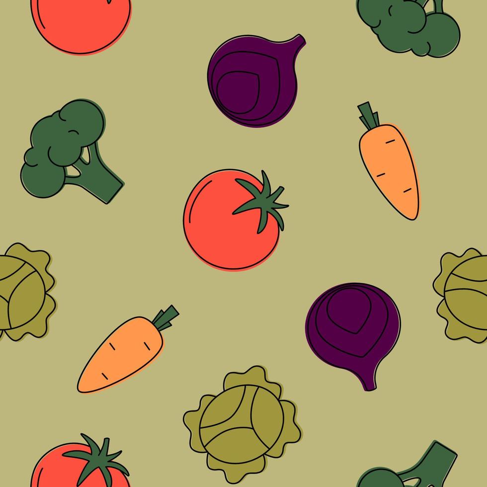 Seamless pattern with multicolored tomatoes, carrots, broccoli, onions and cabbage on a green background. vector