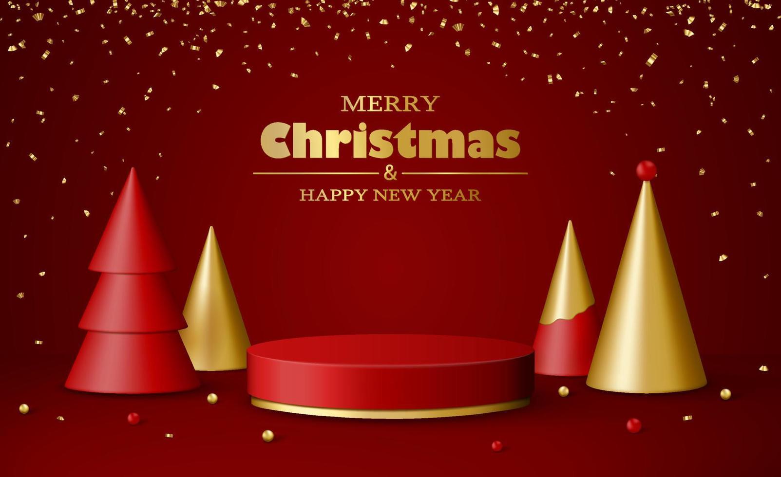 Christmas 3d scene with red and gold podium platform, Christmas fir trees, balls, confetti. vector