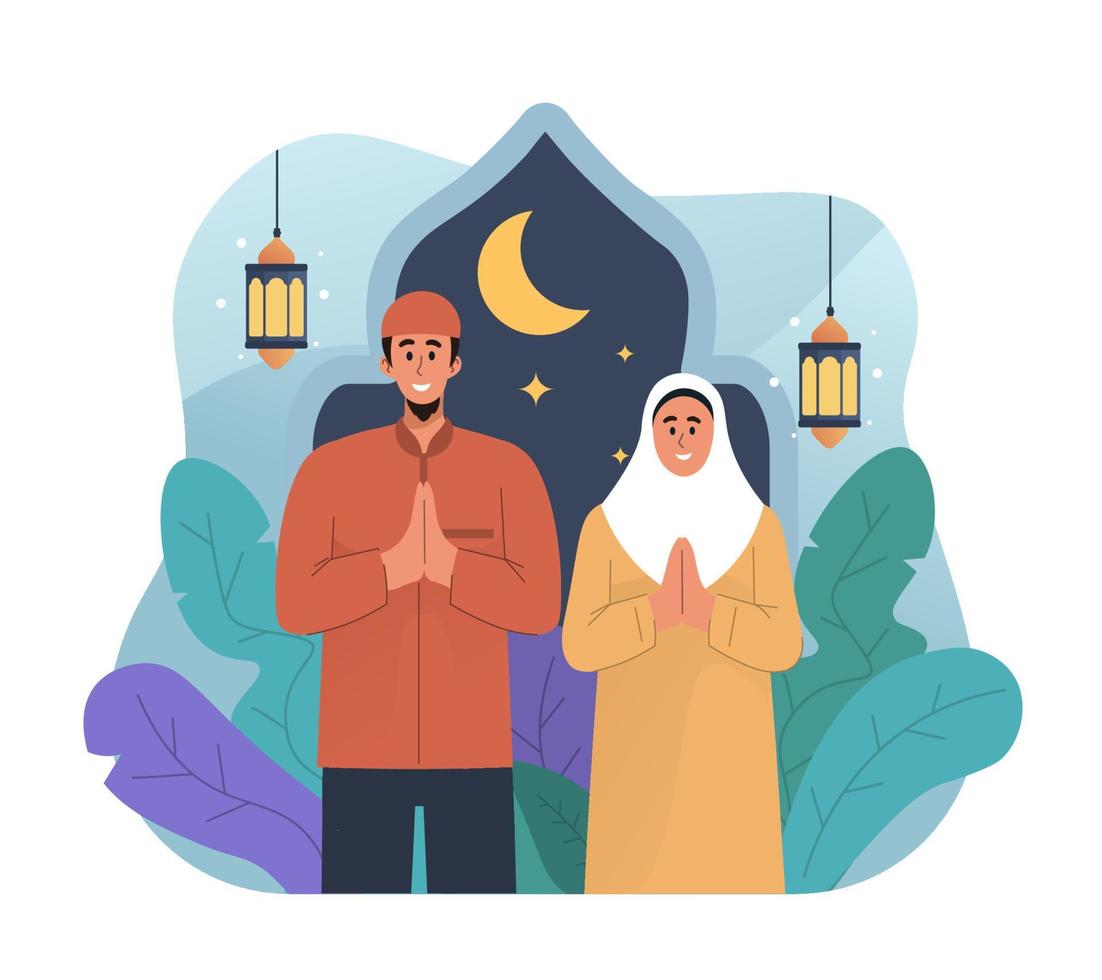 Muslim man and his wife doing greeting gesture. Eid mubarak flat cartoon character illustration vector