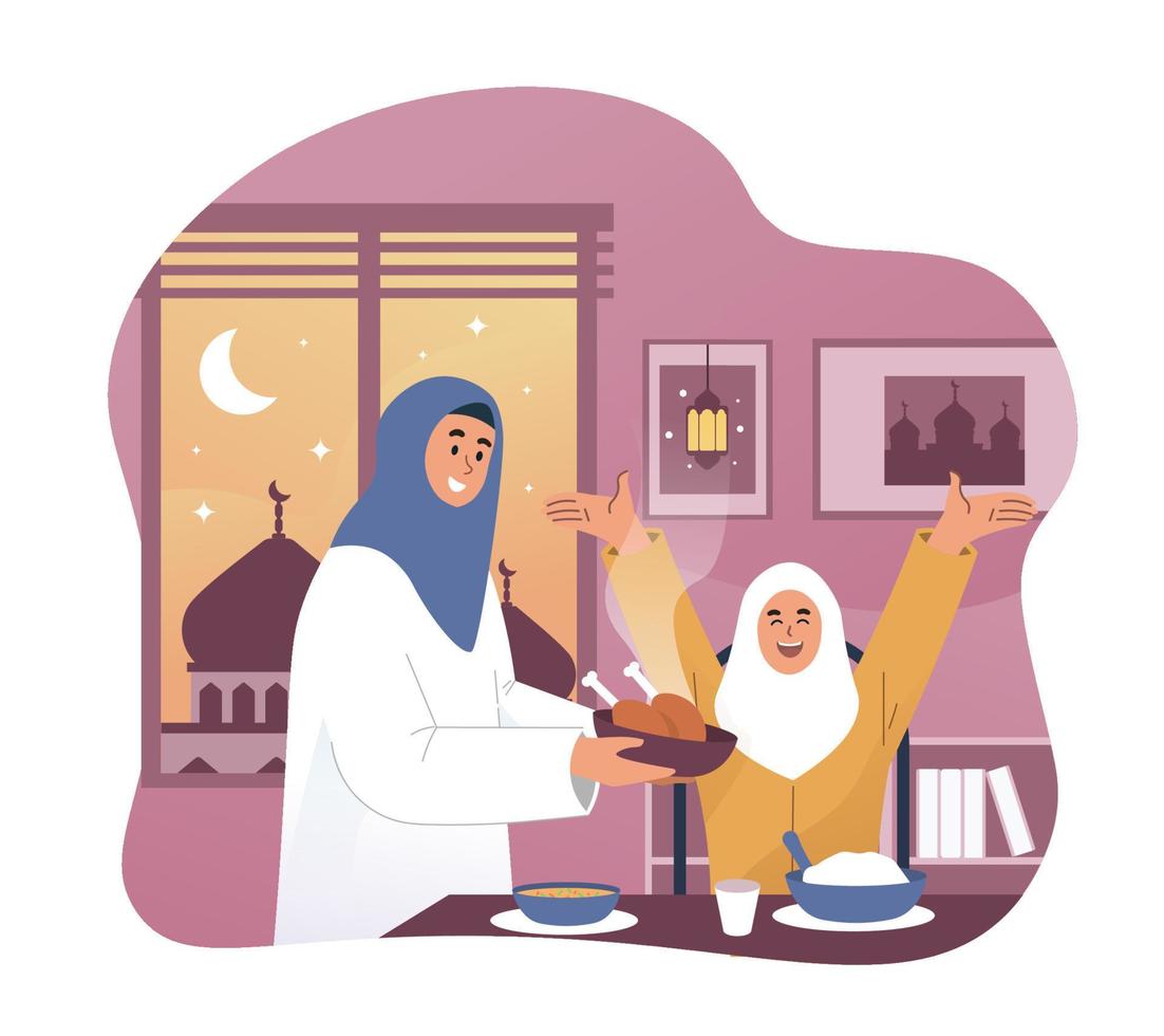 Happy girl and her mother enjoying ramadan iftar meal vector