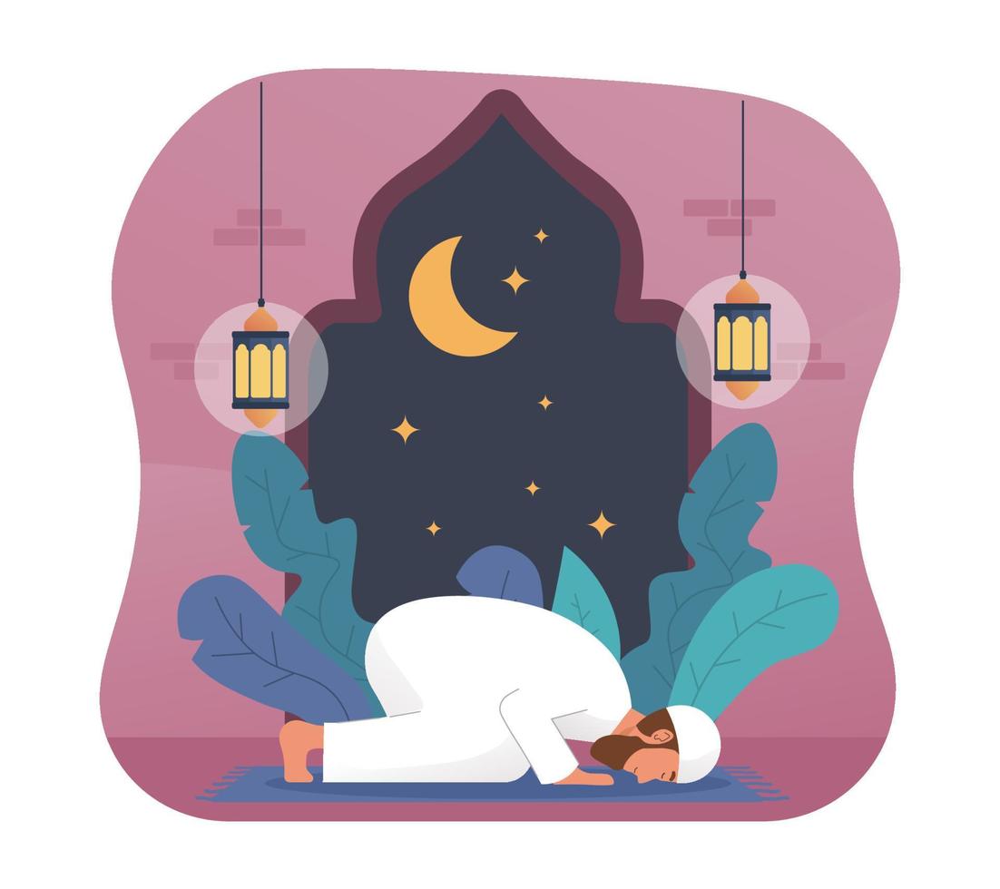 Muslim man in prostration sajda prayer position. Muslim man praying in mosque vector