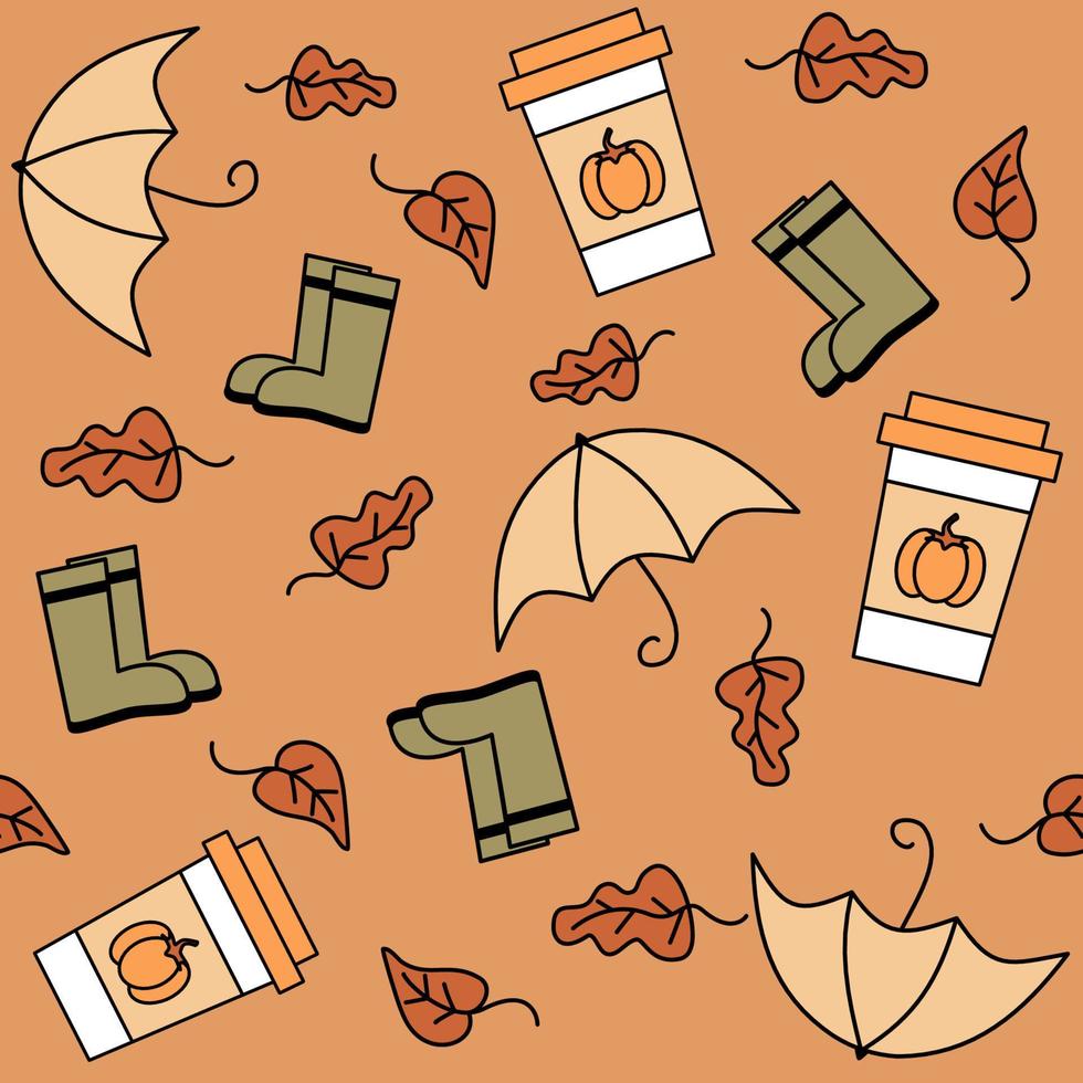 Cute lovely autumn fall seasonal seamless vector pattern background illustration with umbrellas, leaves, rain boots and pumpkin spice latte