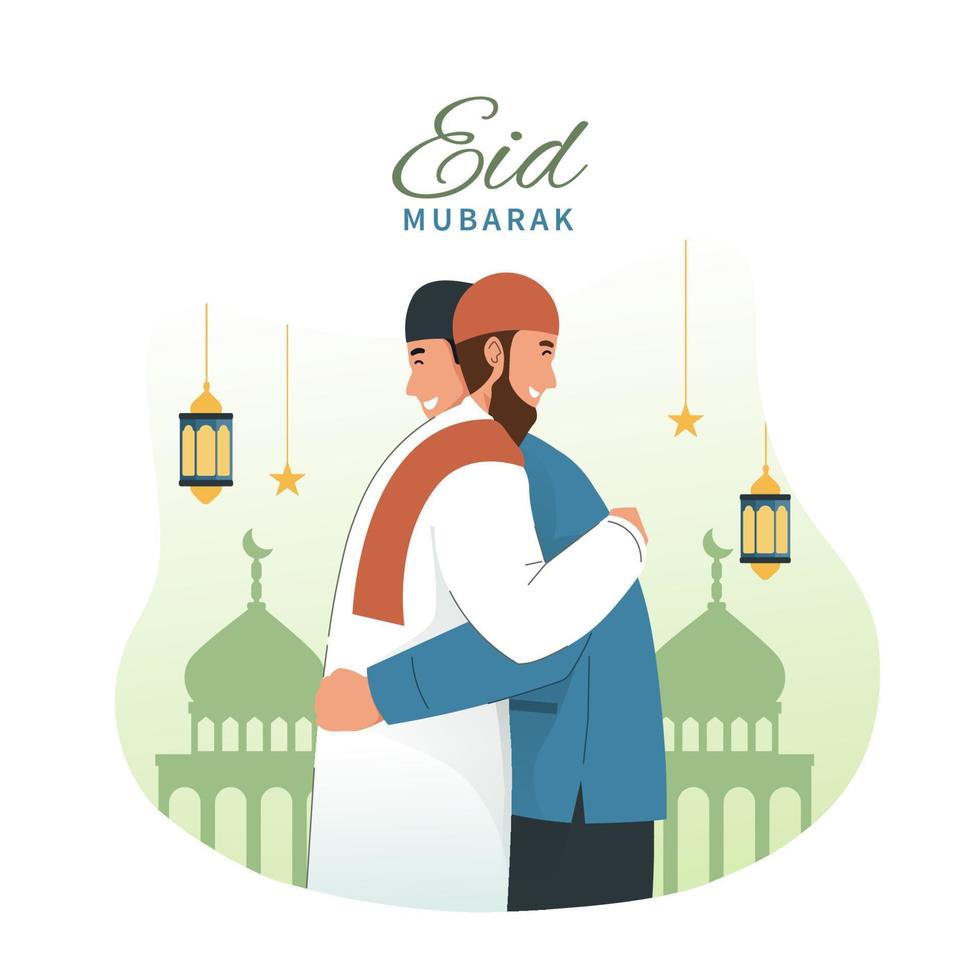 musulmán hombre abrazando y deseando cada otro. eid Mubarak plano dibujos animados personaje ilustración vector