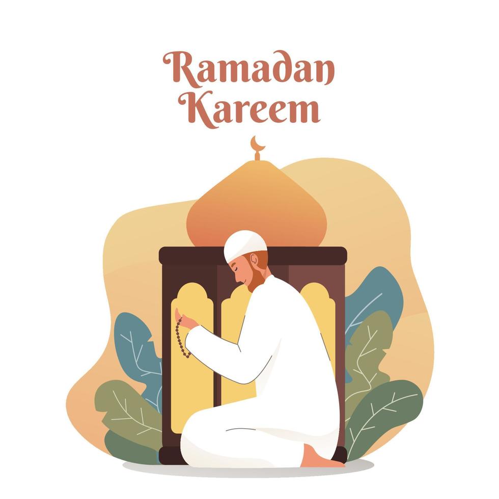 Muslim man praying while holding rosary beads. Ramadan kareem flat cartoon character illustration vector