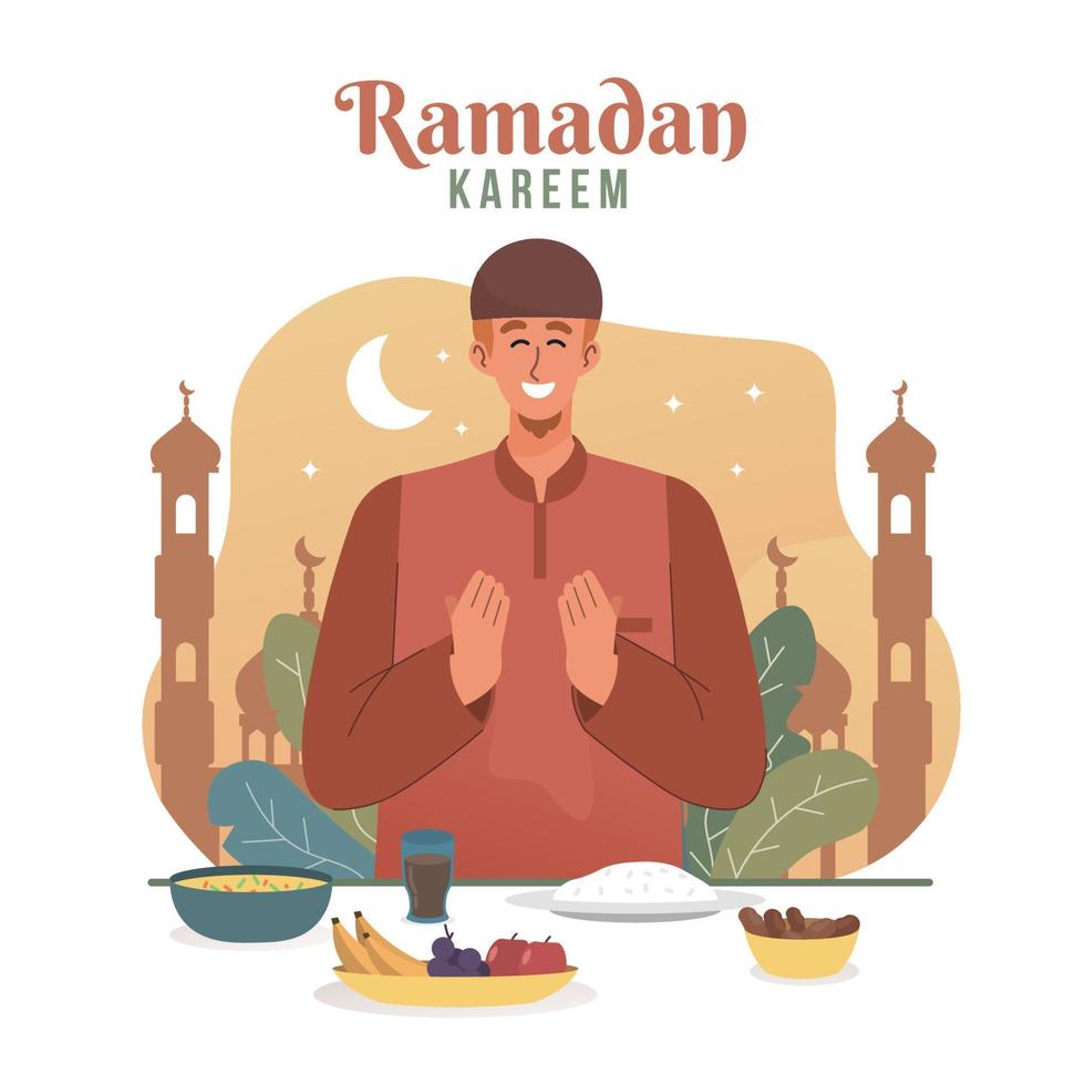 musulmán hombre Orando antes de teniendo iftar. Ramadán kareem plano dibujos animados personaje ilustración vector