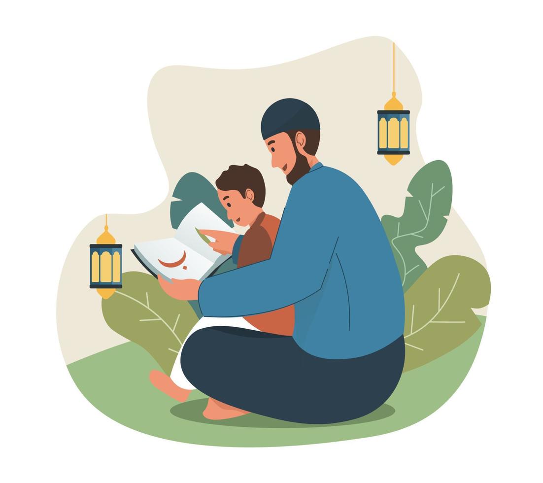 Muslim man and his son reading a book. Father teaching his son vector