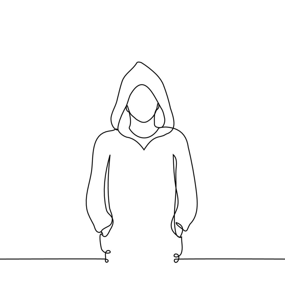 man with hoodie stands looking at the viewer, on his head is a hood with hands in pockets vector