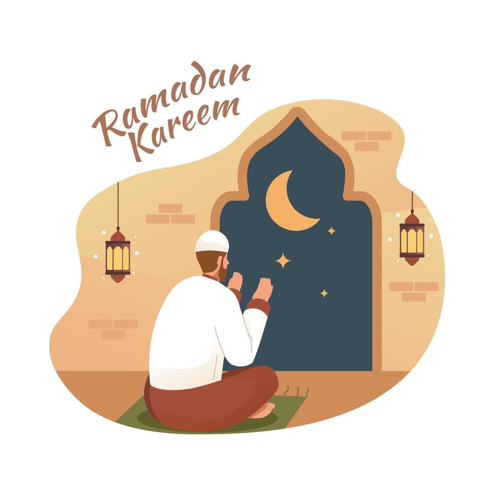 Muslim man praying at night in mosque vector