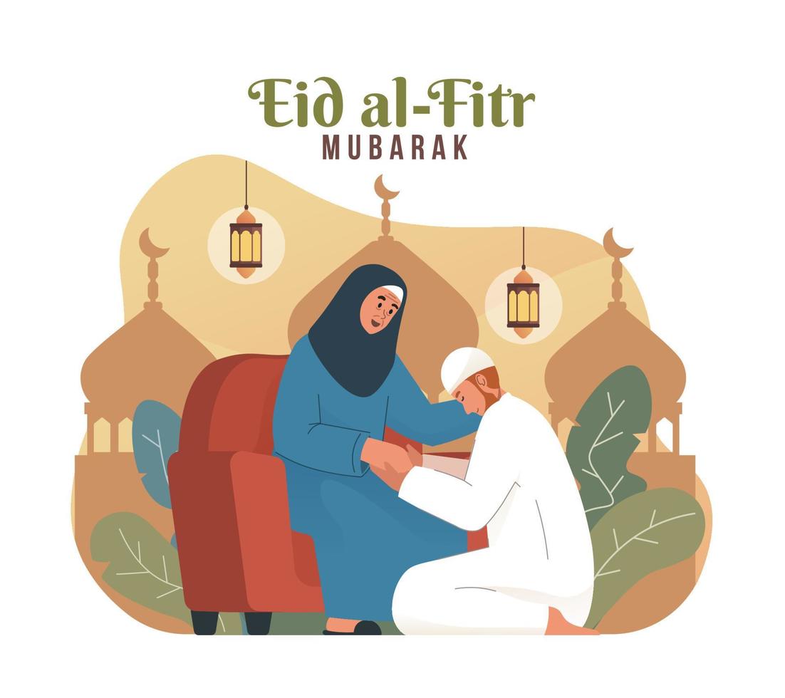 Muslim man apologizing to his mother. Tradition of Eid al Fitr for muslims vector