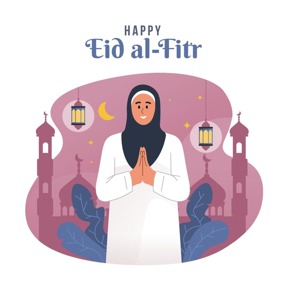 Muslim woman doing greeting gesture for celebrating eid mubarak vector