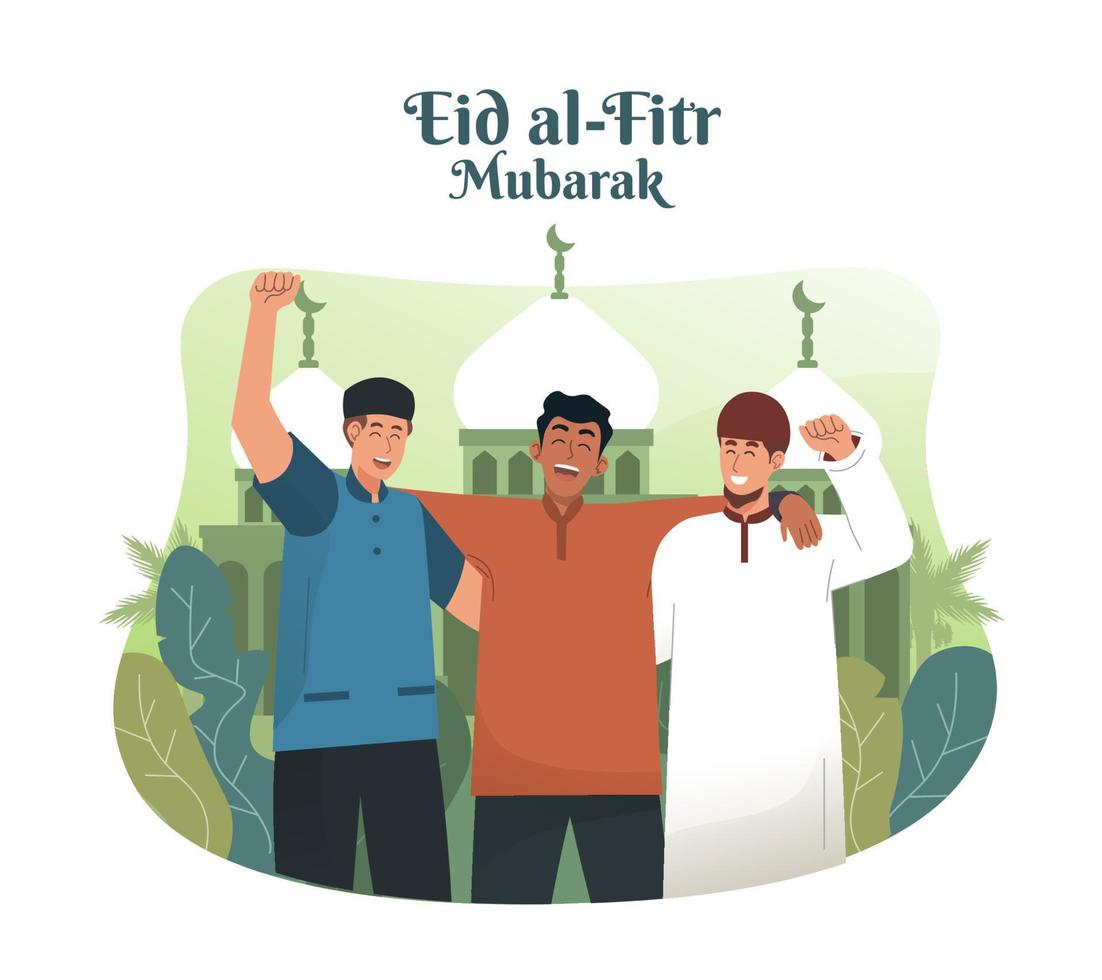 Young muslim man embrace his friends and celebrating Eid mubarak vector