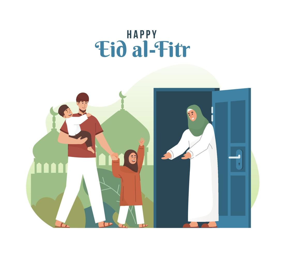 contento musulmán niños con su padres. eid Mubarak plano dibujos animados personaje ilustración vector