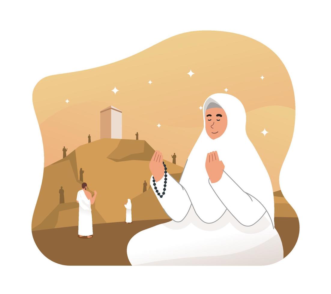 Hajj pilgrims praying at mount Arafat vector