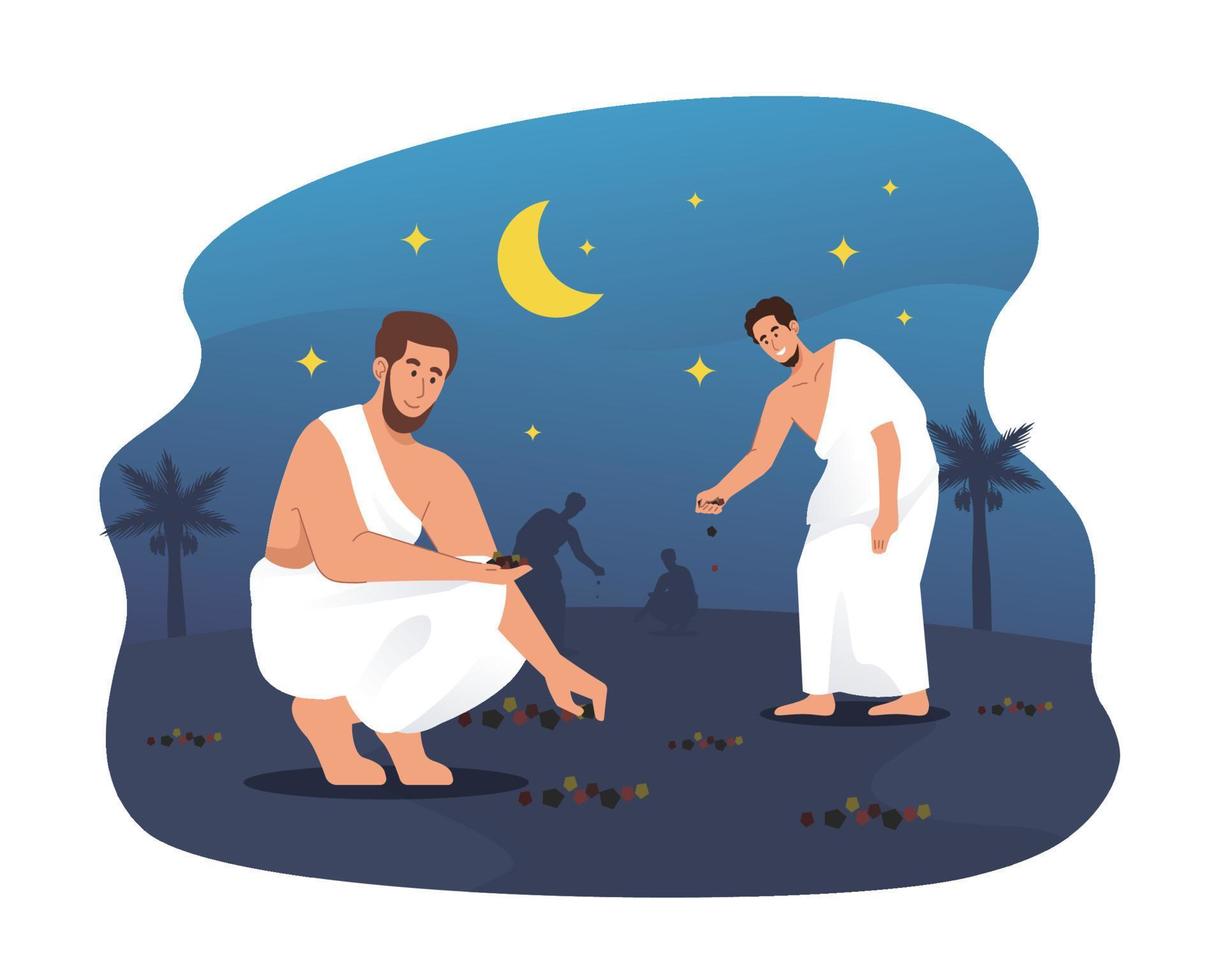 Hajj pilgrims collecting pebbles at Muzdalifah. Ritual of Hajj pilgrimage vector