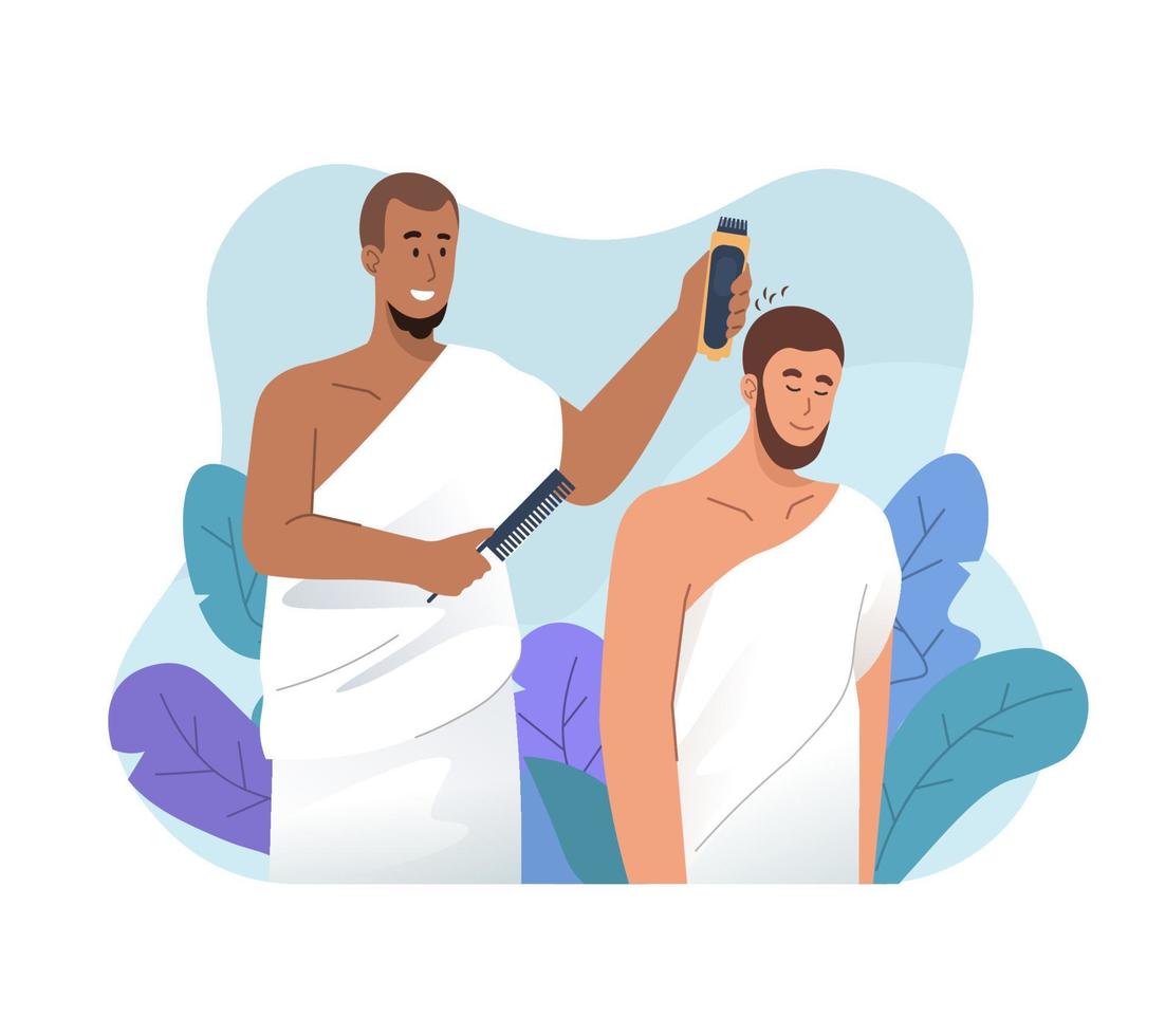 Hajj pilgrims shave their heads. Ritual of Hajj pilgrimage vector