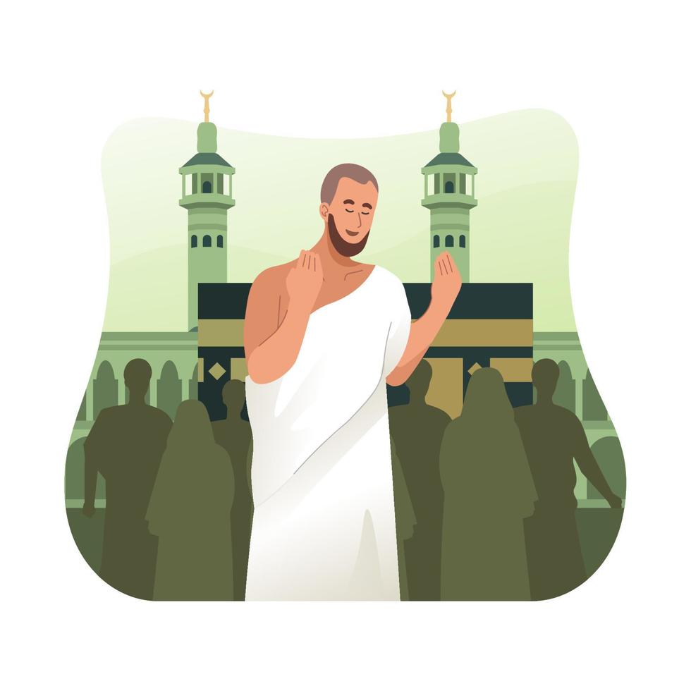 Hajj pilgrim in ihram clothes praying in front of Kaaba vector