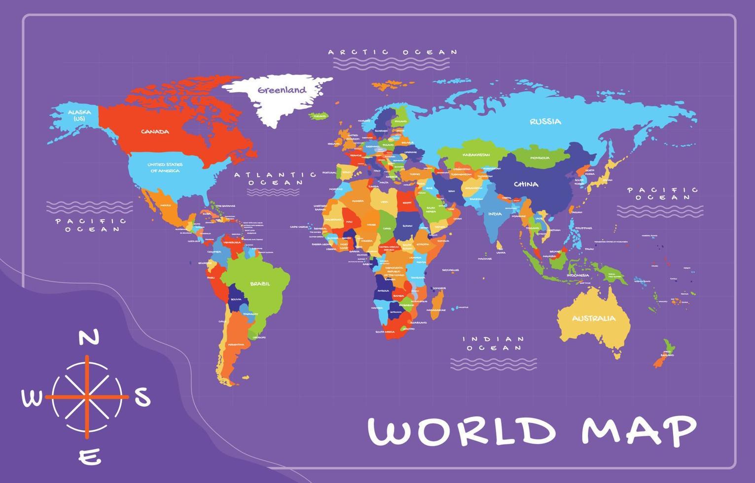 vistoso mundo mapa con países nombre vector