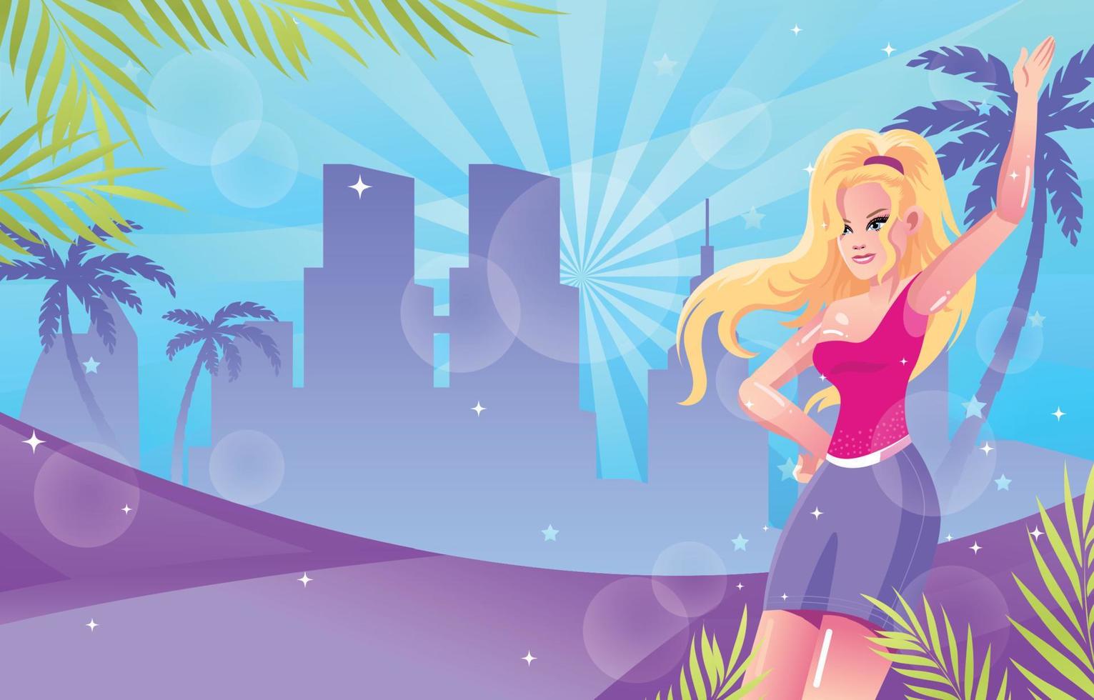 Girl Doll With Urban Background and Palm Trees vector