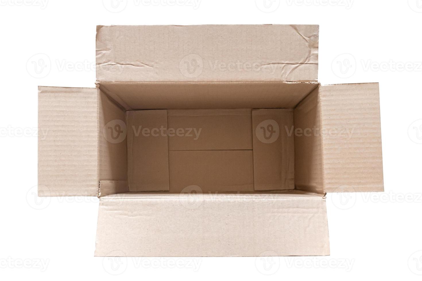 Open empty brown cardboard box isolated on white background top view photo