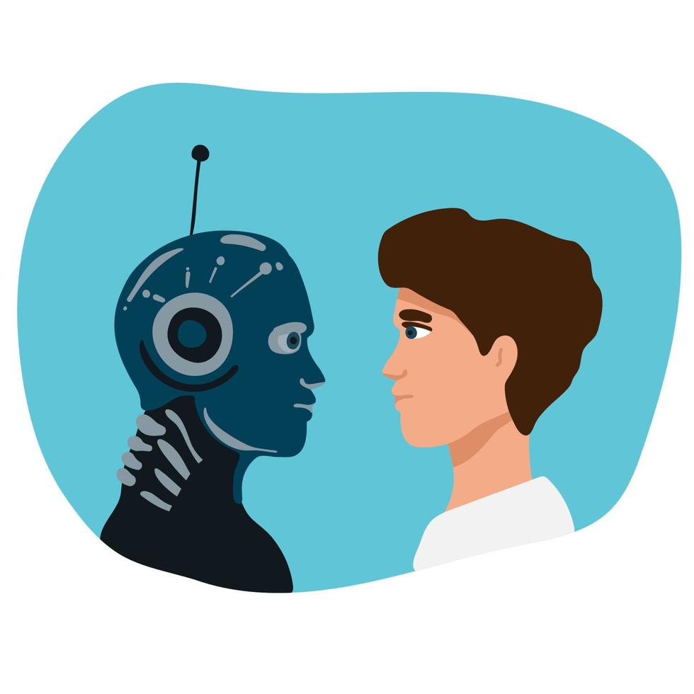 Vector cartoon style illustration of human aggressive businessman vs robot confrontation arm wrestling. Modern technology concept
