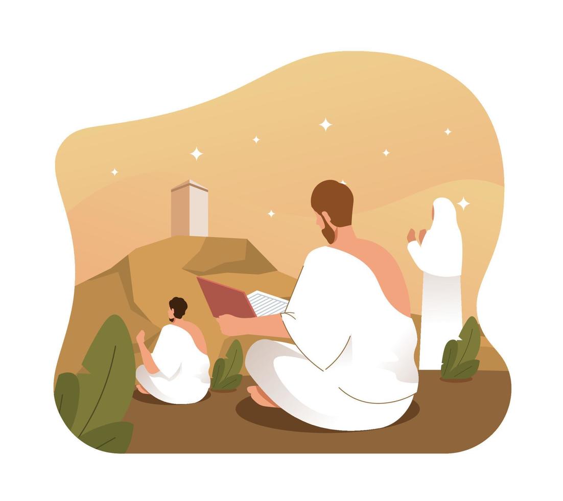 Muslim pilgrims pray and recite holy quran at Arafat. Ritual of Hajj pilgrimage vector