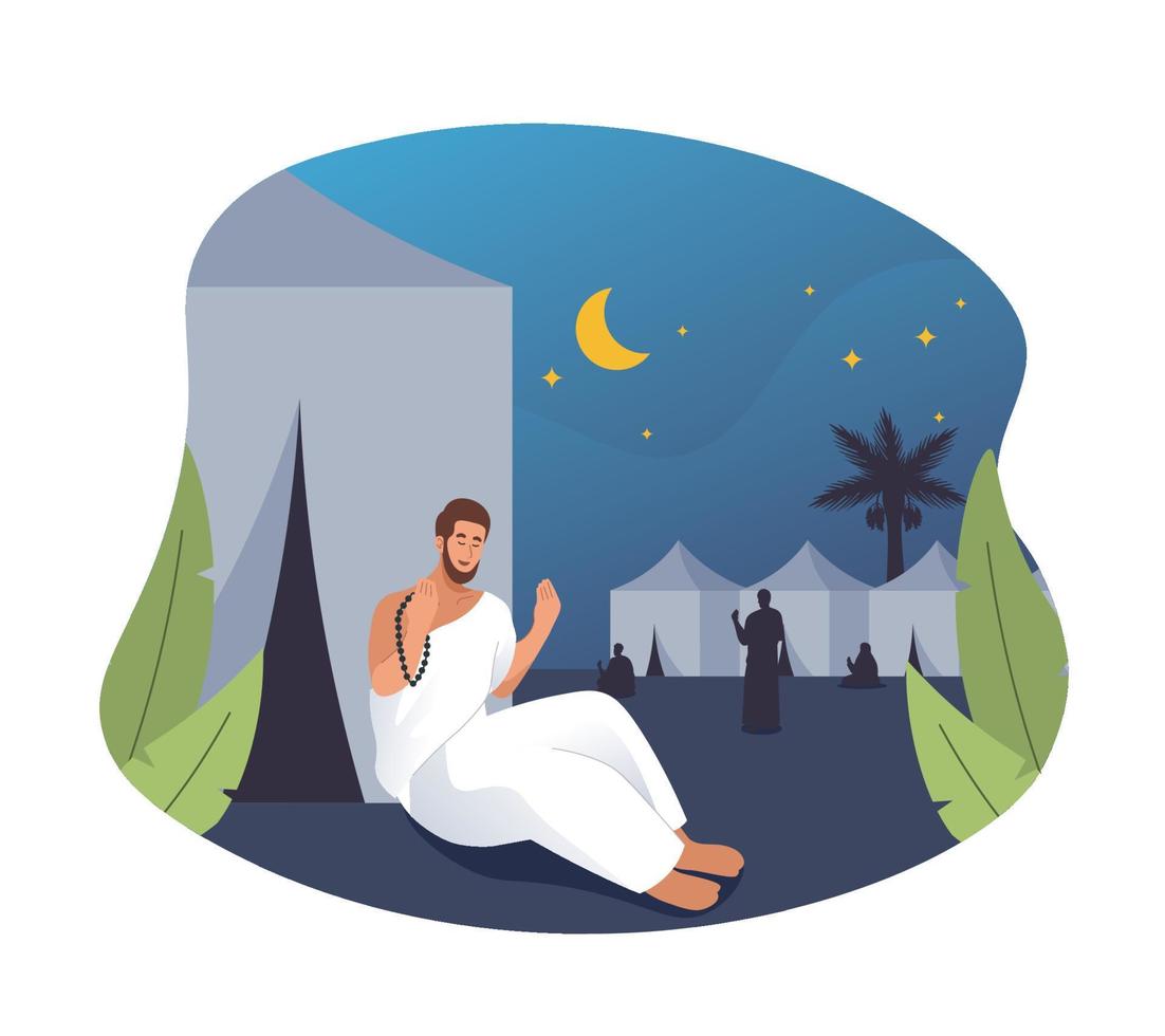 Hajj pilgrims praying and resting in Mina. Hajj pilgrimage flat cartoon character illustration vector