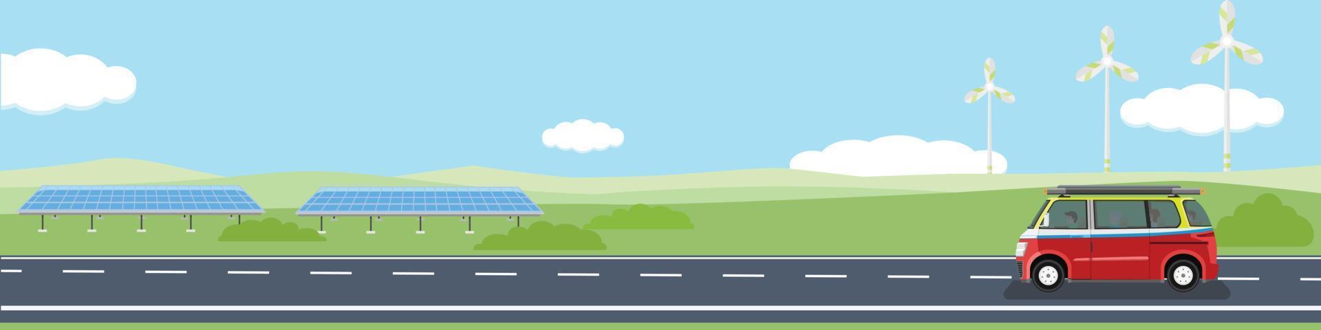 contento familia viajes con camioneta coche en asfalto la carretera para bandera. asfalto la carretera cerca el con grande verde colina debajo claro cielo rodeado por verde césped. ecología tecnología de solar panel y molino. vector