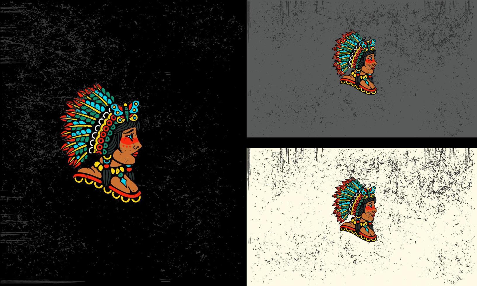 Vector of a Native American woman wearing a vibrant headdress
