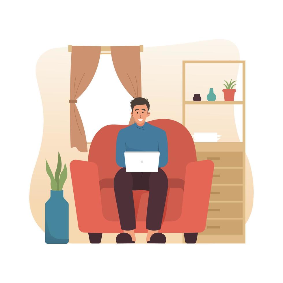 Man working on laptop at home vector