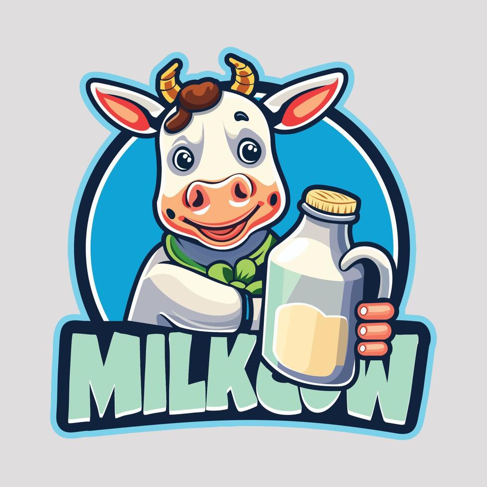 Milky Cow Cartoon logo. Cute Cow with Milk. Cow Logo concept with flat style vector